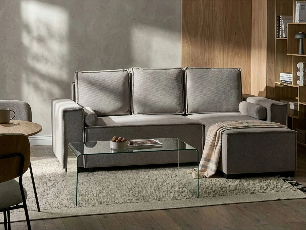 Beliani Išskleidžiama 3 vietų kampinė sofa EDANE, pilka, su patalynės dėže, kairinė