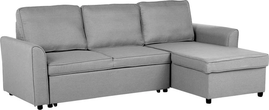 Beliani Išskleidžiama 3 vietų kampinė sofa NESNA, šviesiai pilka, su patalynės dėže, kairinė
