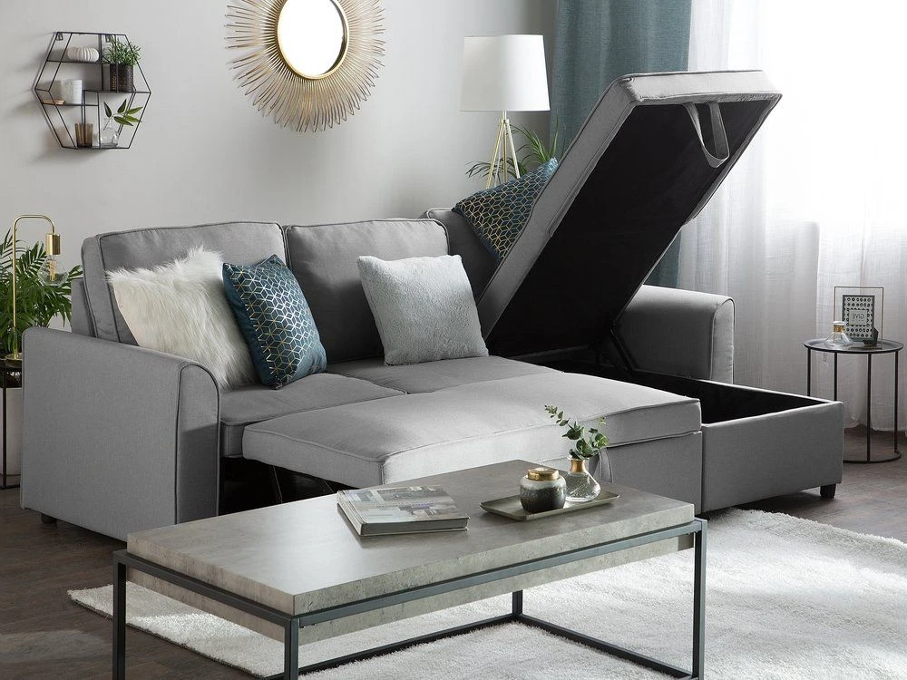 Beliani Išskleidžiama 3 vietų kampinė sofa NESNA, šviesiai pilka, su patalynės dėže, kairinė