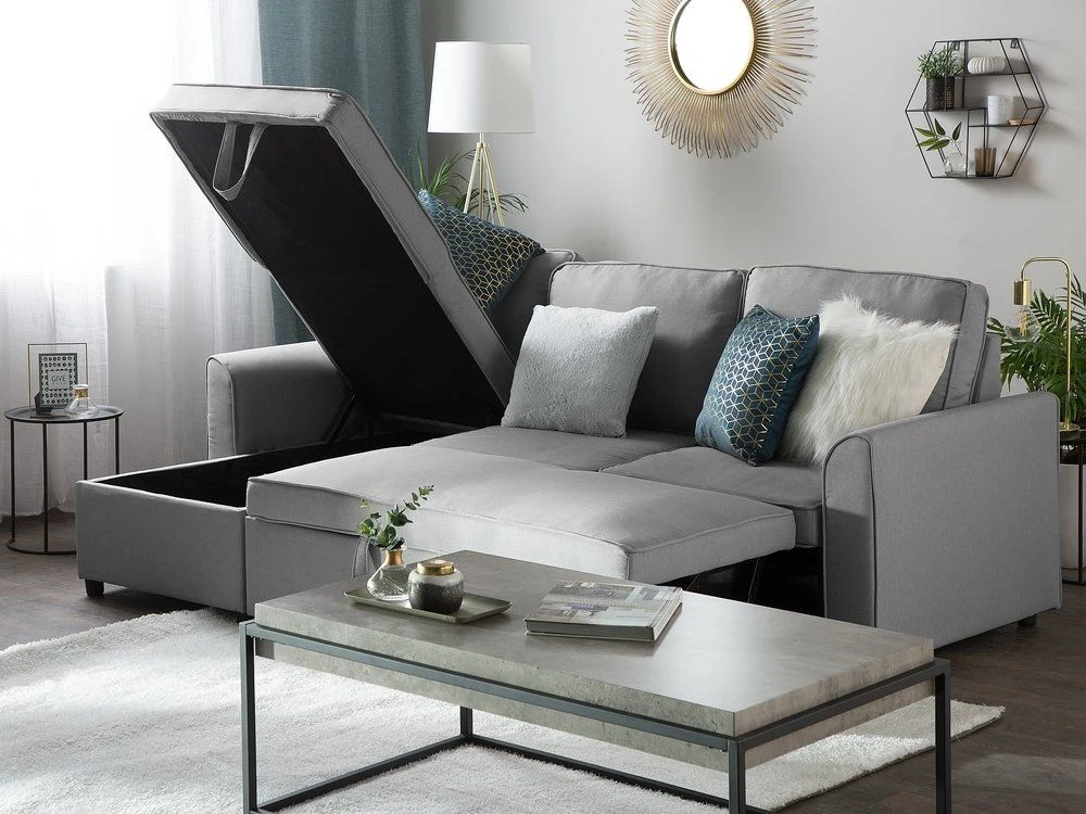 Beliani Išskleidžiama kampinė sofa NESNA, šviesiai pilka, su patalynės dėže, dešininė