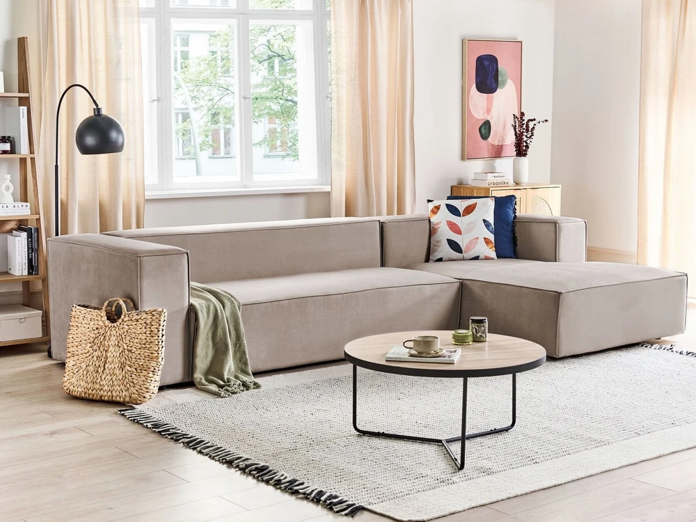 Beliani Kampinė sofa VERNON, trijų vietų, veliūrinė, smėlio-pilkšva, kairė pusė