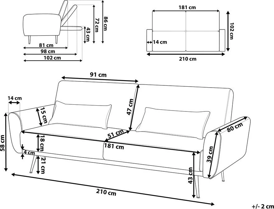 Beliani Trivietė išskleidžiama sofa EINA, veliūras, smaragdinė