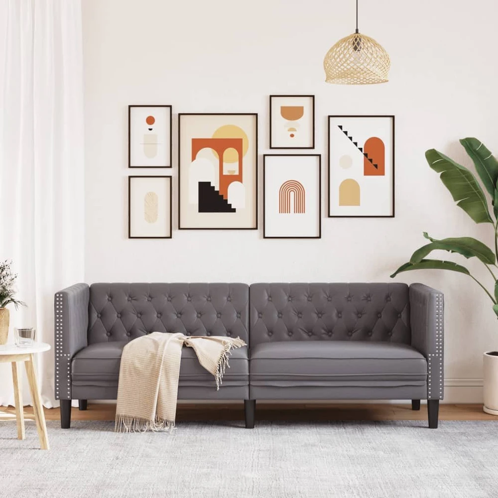 Trivietė chesterfield sofa, pilkos spalvos, dirbtinė oda