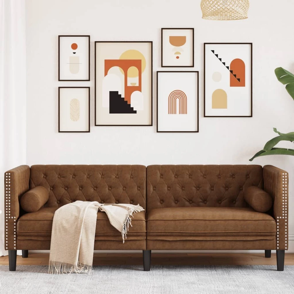 Trivietė chesterfield sofa su pagalvėlėmis, ruda, dirbtinė oda