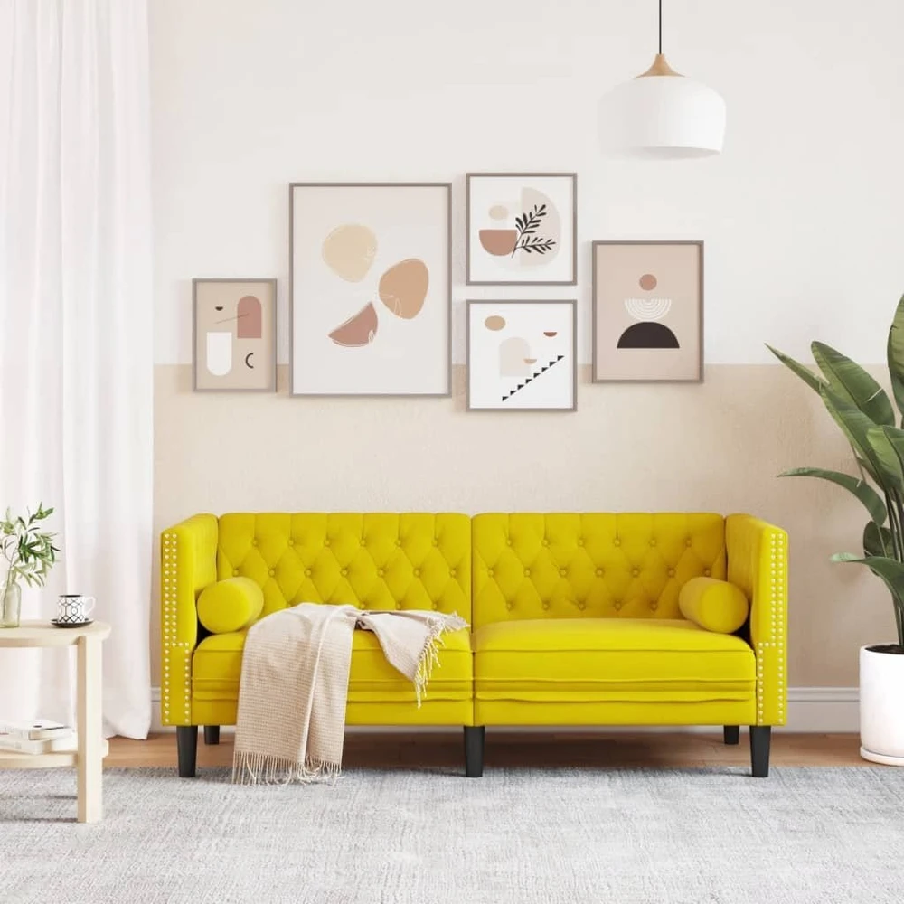 Dvivietė chesterfield sofa su pagalvėlėmis, geltona, aksomas
