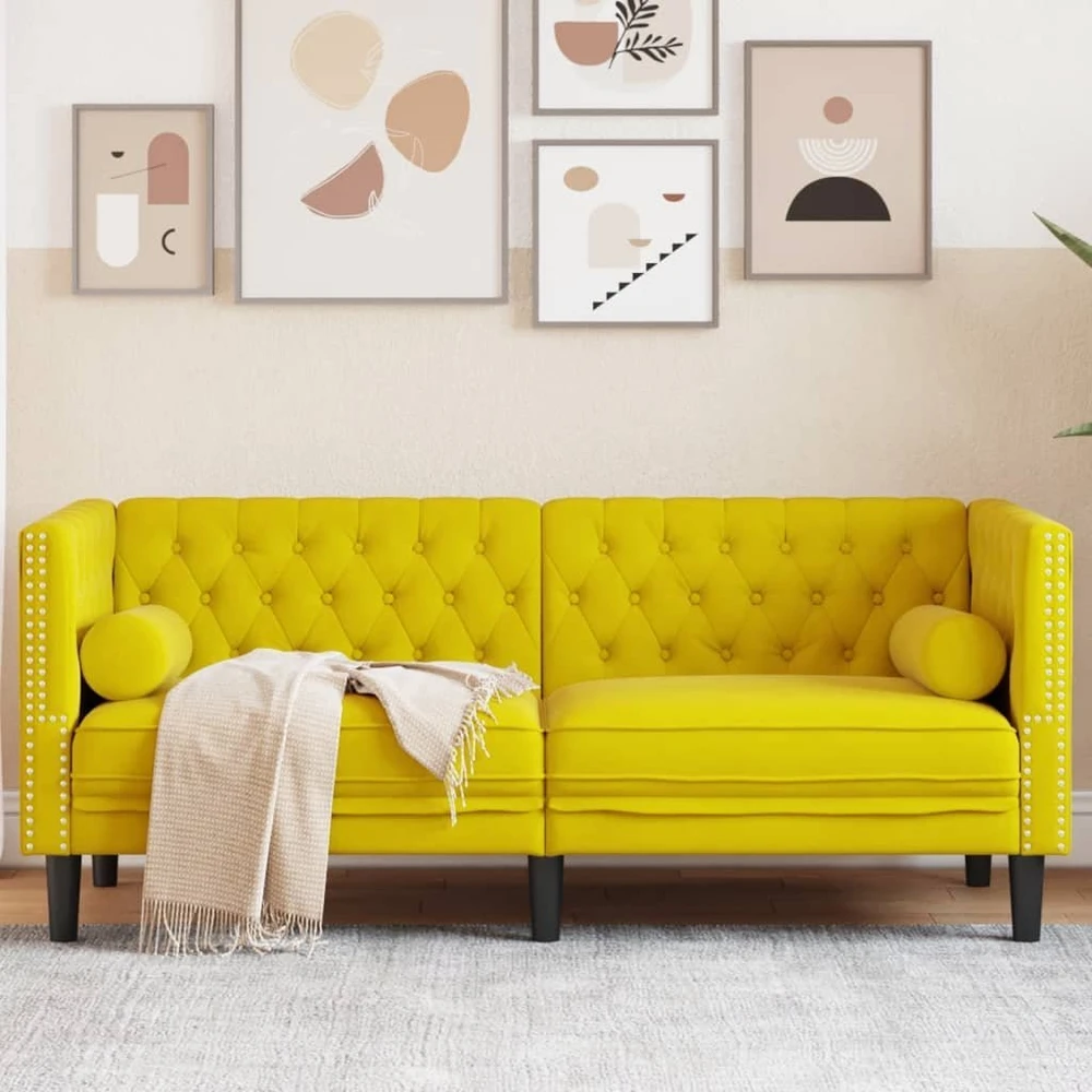 Dvivietė chesterfield sofa su pagalvėlėmis, geltona, aksomas