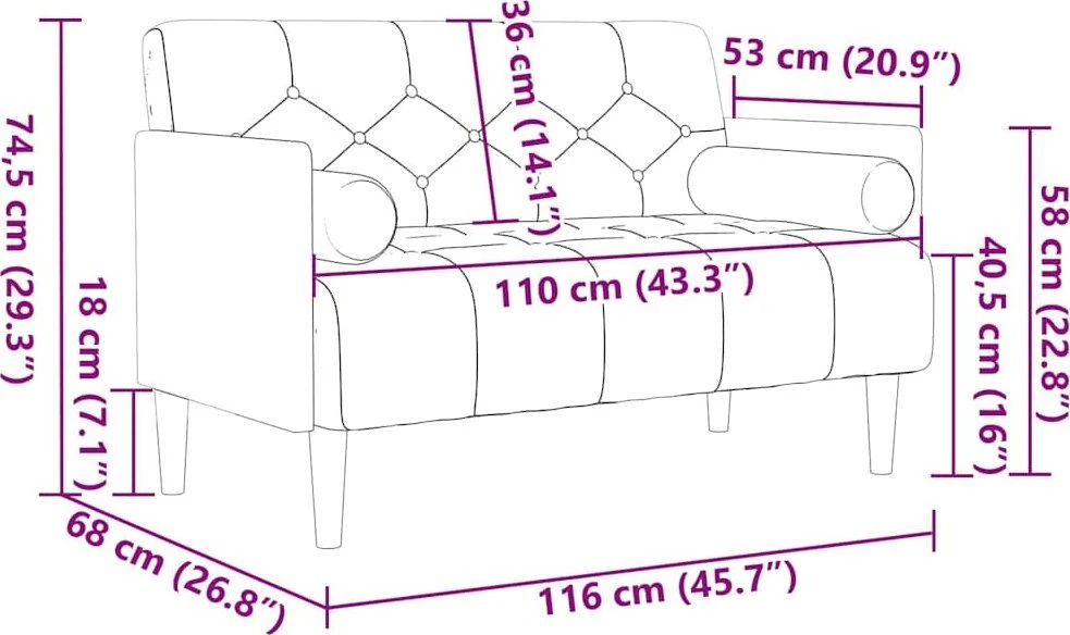 Dvivietė sofa su pagalvėlėmis, kreminės spalvos, 110 cm, aksomas