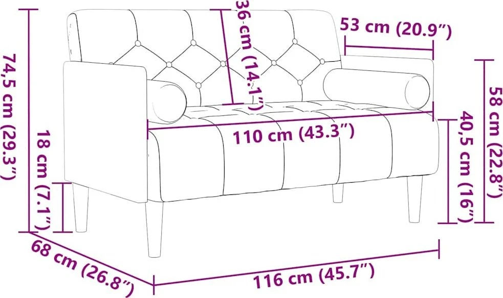 Dvivietė sofa su pagalvėlėmis, ruda, 110 cm, aksomas