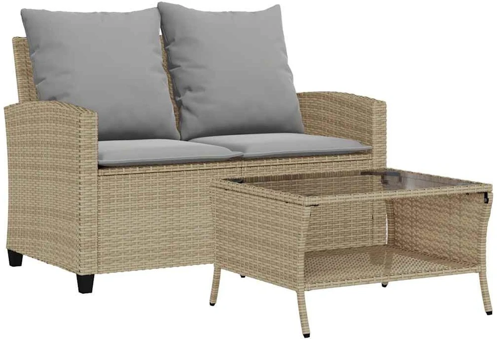 Dvivietė sodo sofa su staliuku ir pagalvėlėmis, smėlio spalvos