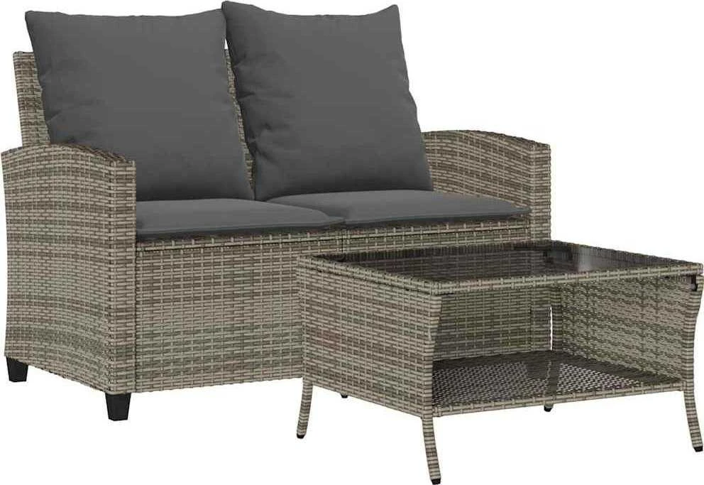 Dvivietė sodo sofa su pagalvėlėmis ir staliuku, pilkos spalvos