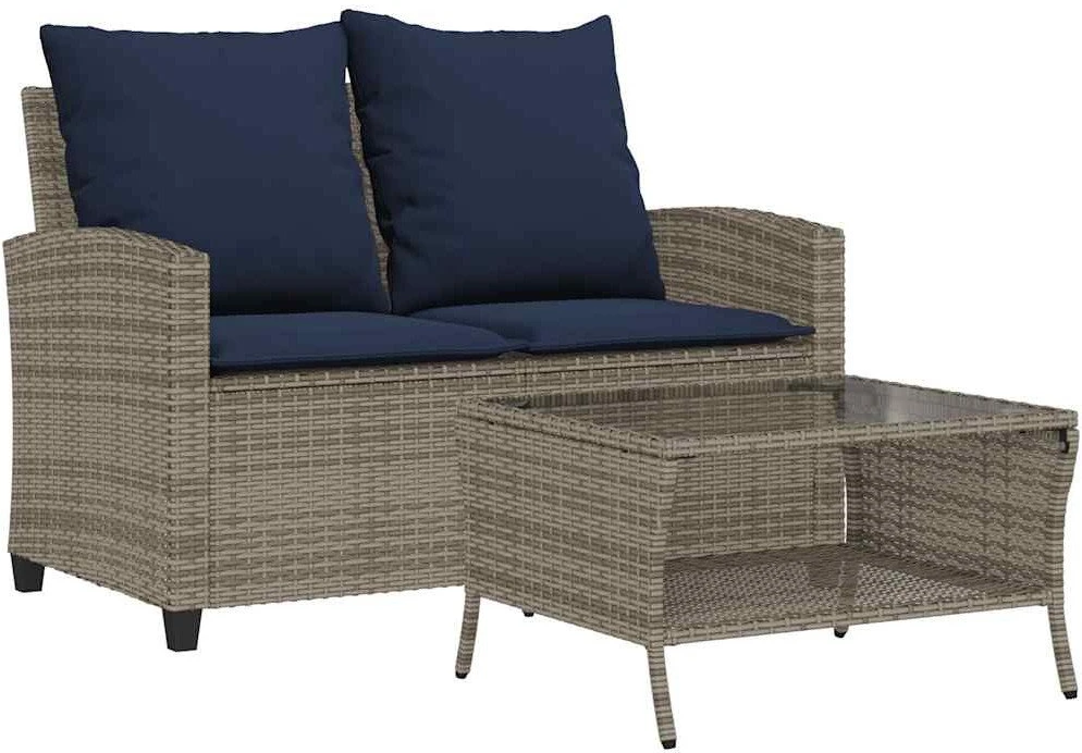 Dvivietė sodo sofa su pagalvėlėmis ir staliuku, pilkos spalvos