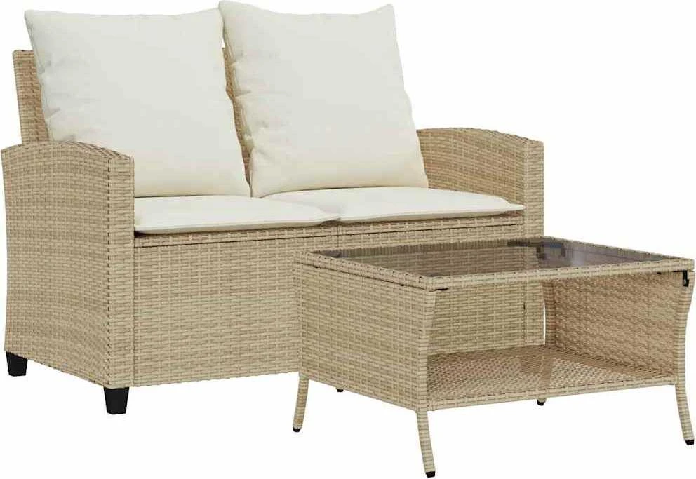 Dvivietė sodo sofa su staliuku ir pagalvėlėmis, smėlio spalvos