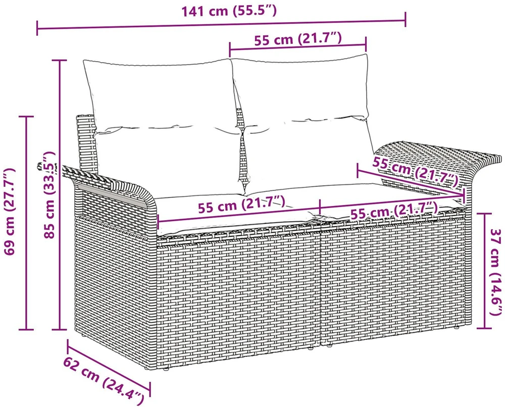 Sodo sofa su pagalve Pilka 141 x 62 x 69cm poliratanas