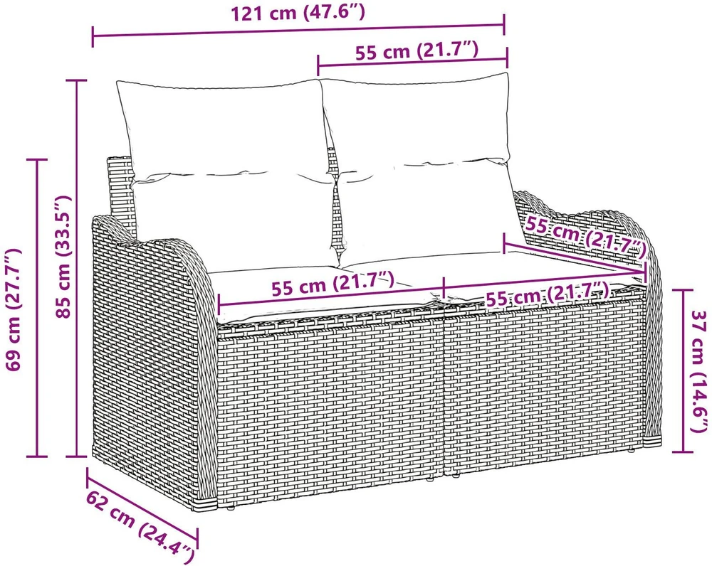 Sodo sofa su pagalve Juoda 121 x 62 x 69cm poliratanas
