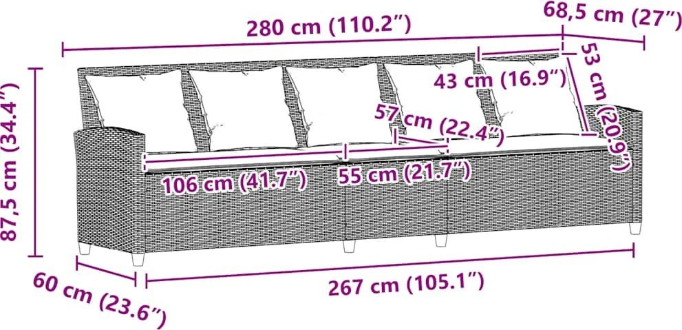 Lauko baldų komplektas Sodo sofa, 5 vietų, su pagalvėlėmis, smėlio spalvos, poliratanas
