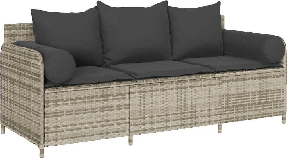 Sodo sofa su pagalvėlėmis, 3 sėdimos vietos, šviesiai pilka, poliratanas