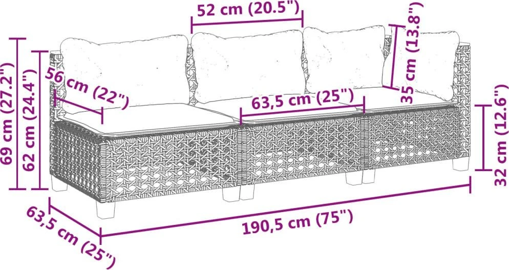 Trivietė sodo sofa su pagalvėlėmis, smėlio spalvos, poliratanas