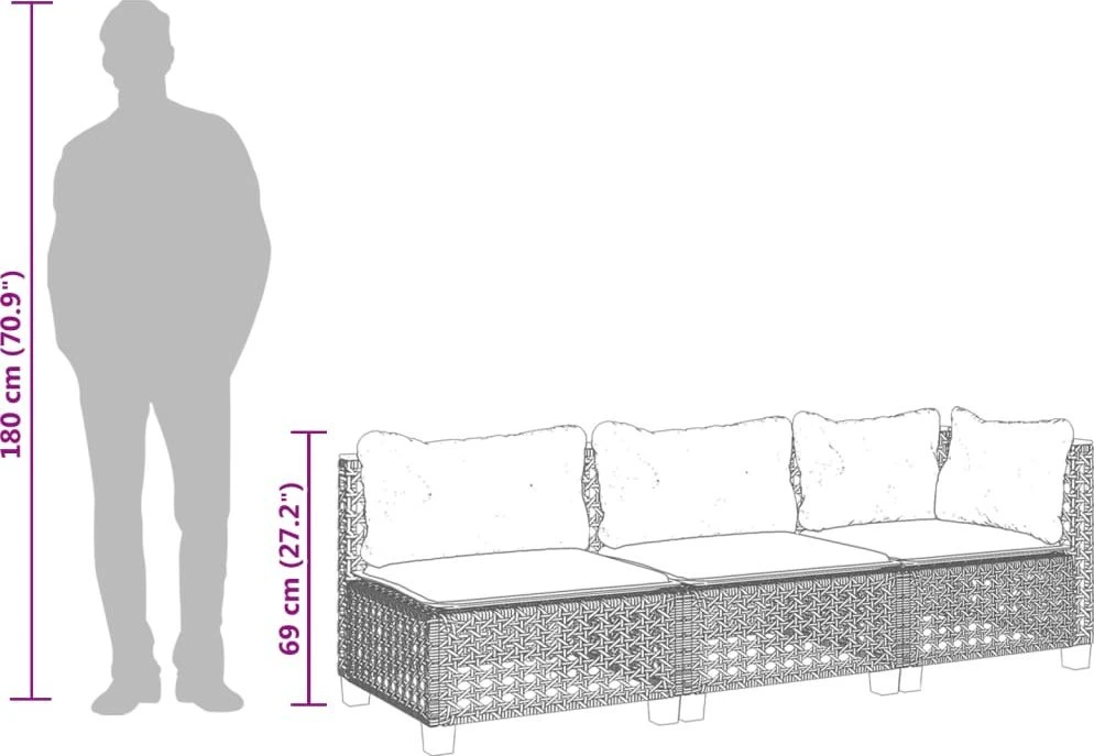 Trivietė sodo sofa su pagalvėlėmis, smėlio spalvos, poliratanas