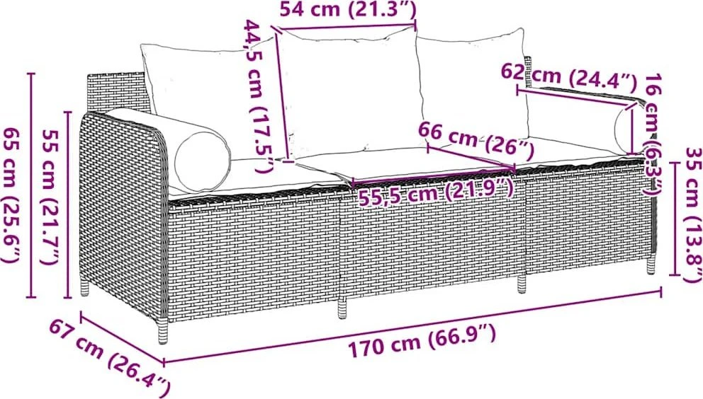 Sodo sofa su pagalvėlėmis, 3 sėdimos vietos, ruda, poliratanas