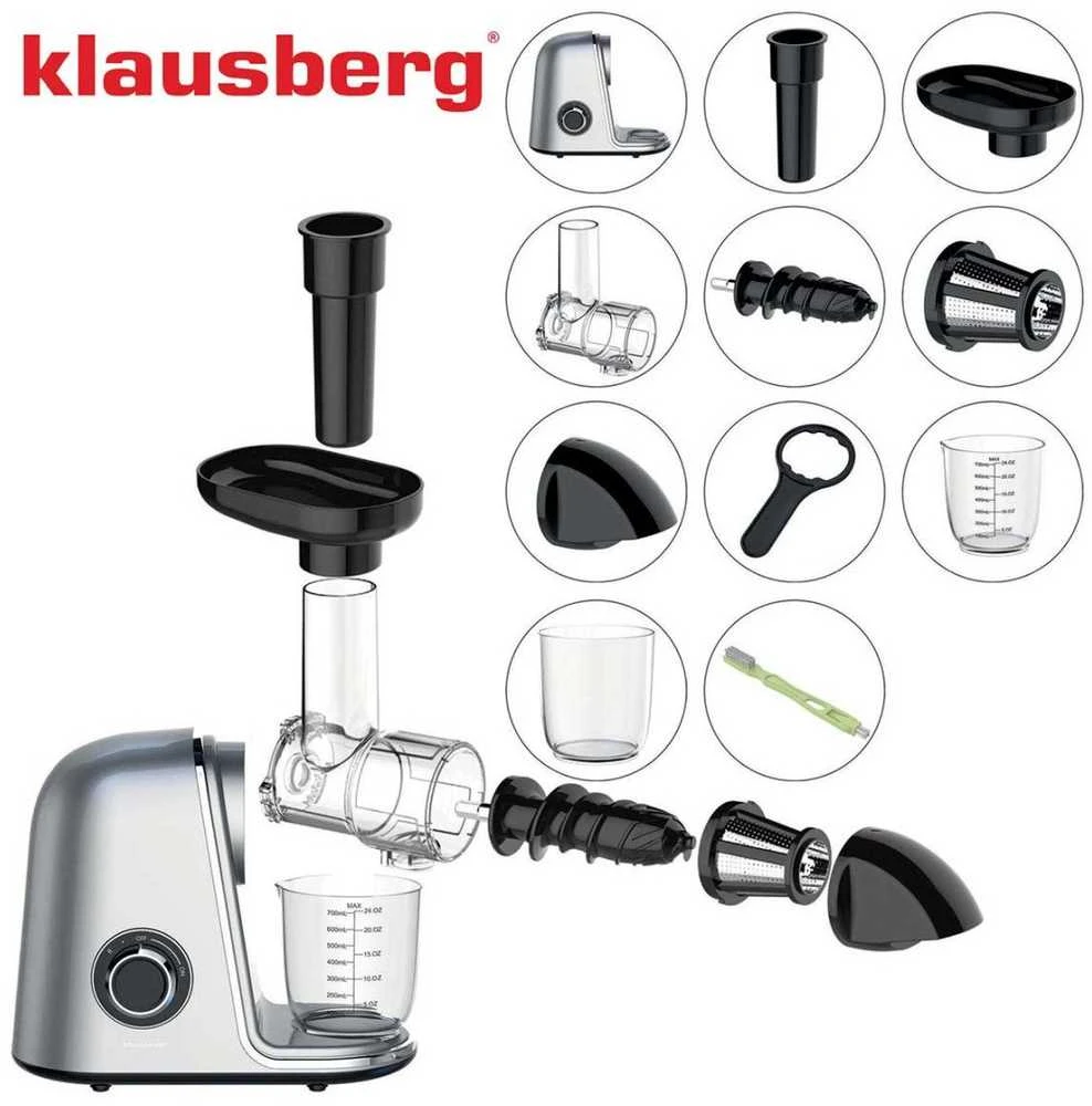 Sulčiaspaudė Lėtaeigė sulčiaspaudė vaisiams ir daržovėms, horizontali, pilka, 150 W, Klausberg, kb-7868
