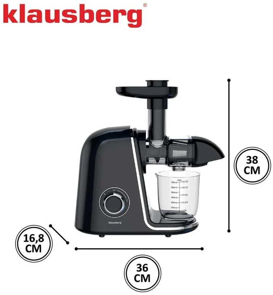 Sulčiaspaudė Lėtaeigė sulčiaspaudė vaisiams ir daržovėms, horizontali, juoda su sidabro elementais, 150 W, Klausberg, kb-7866