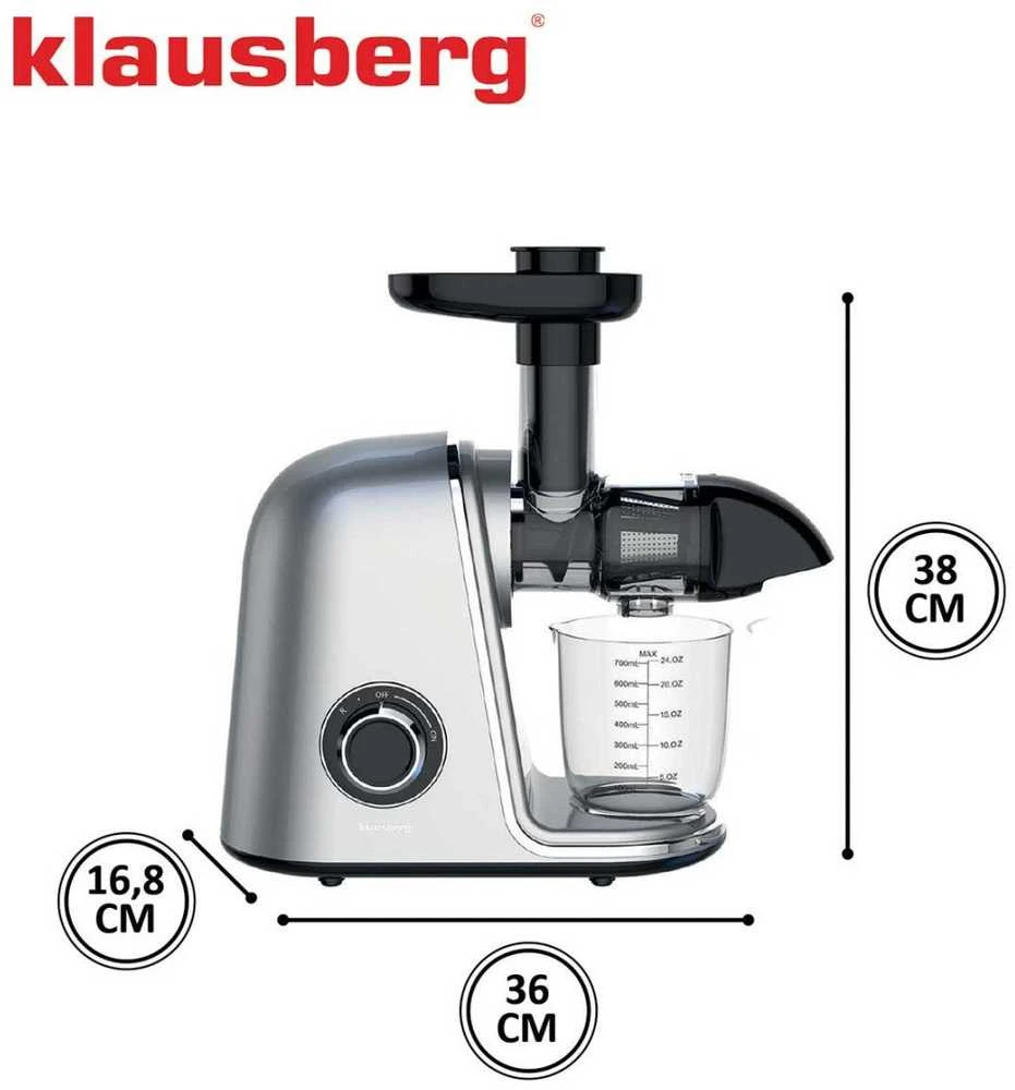 Sulčiaspaudė Lėtaeigė sulčiaspaudė vaisiams ir daržovėms, horizontali, pilka, 150 W, Klausberg, kb-7868