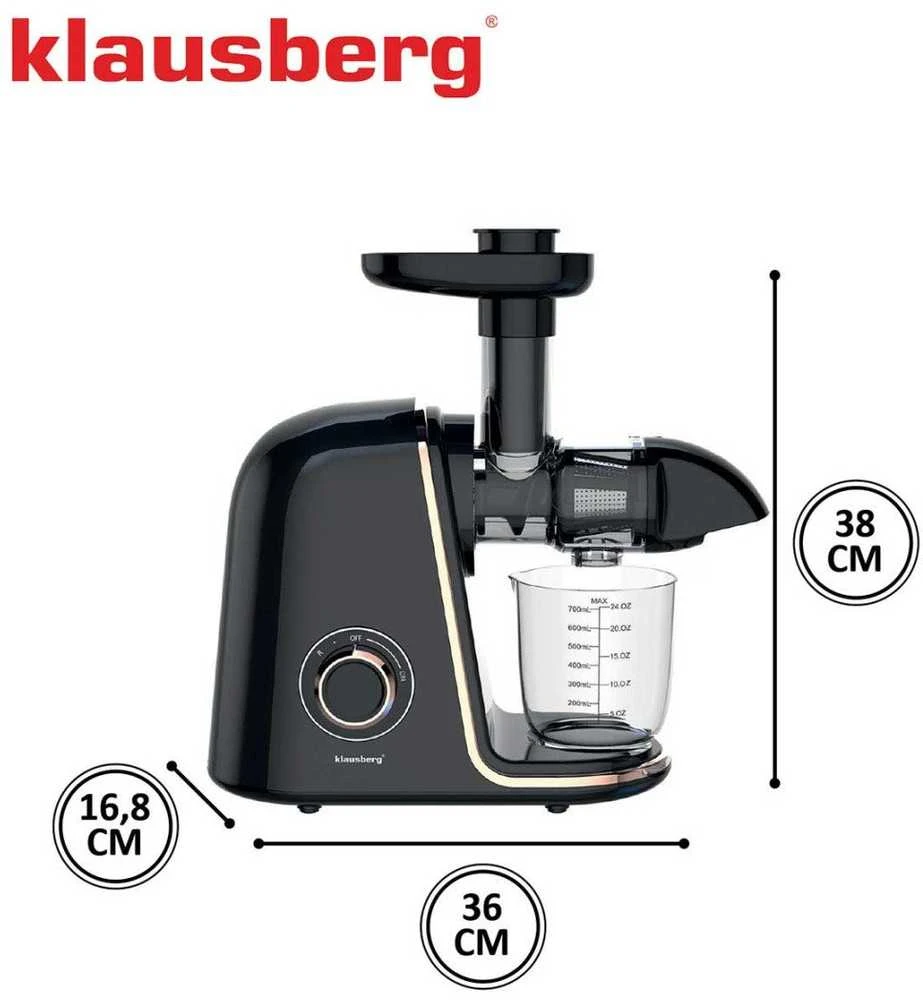 Sulčiaspaudė Lėtaeigė sulčiaspaudė vaisiams ir daržovėms, horizontali, juoda su rožinio aukso elementais, 150 W, Klausberg, kb-7867