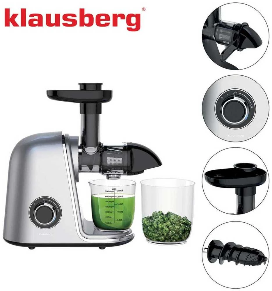 Sulčiaspaudė Lėtaeigė sulčiaspaudė vaisiams ir daržovėms, horizontali, pilka, 150 W, Klausberg, kb-7868