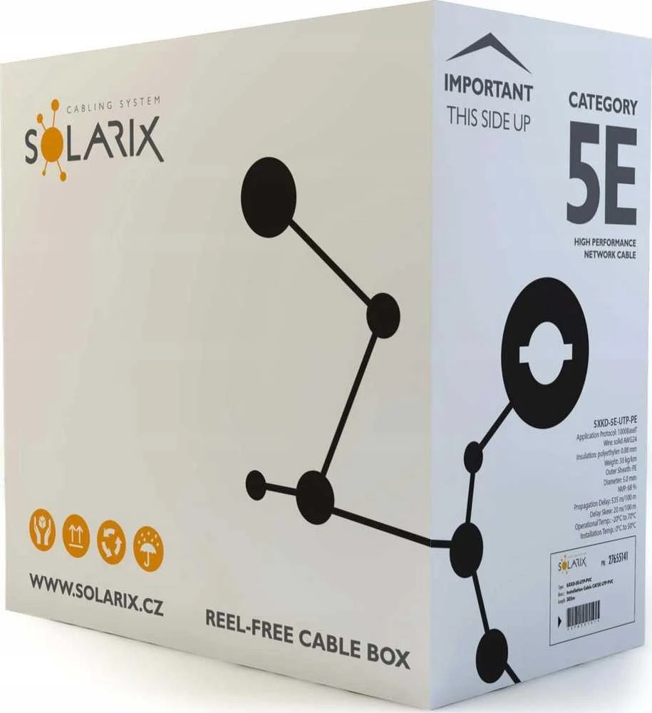 Solarix Montavimo kabelis UTP, Cat5E, drát, PE, dėžutė 100m SXKD-5E-UTP-PE