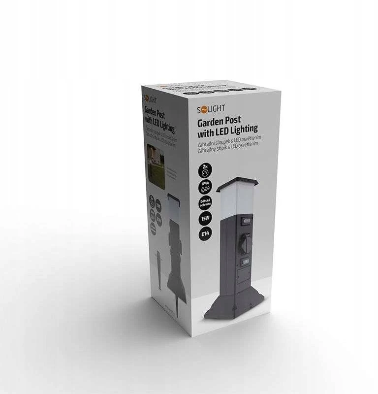 Solight polius sodo IP44 su LED apšvietimas plast 2 zasuvki hranol juoda