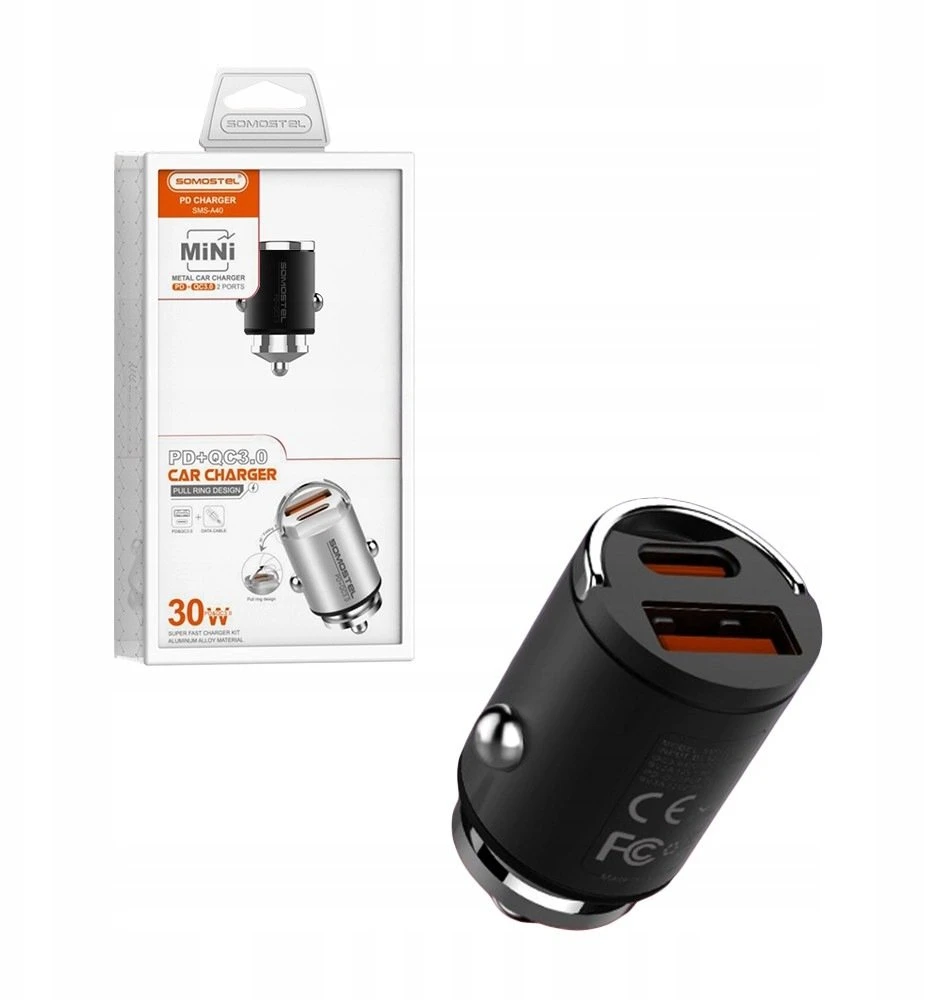 Įkroviklis Somostel Somostel kroviklis samochodowa USB / Typ-C 30W 5A QC PD juoda SMS-A40 (35539)
