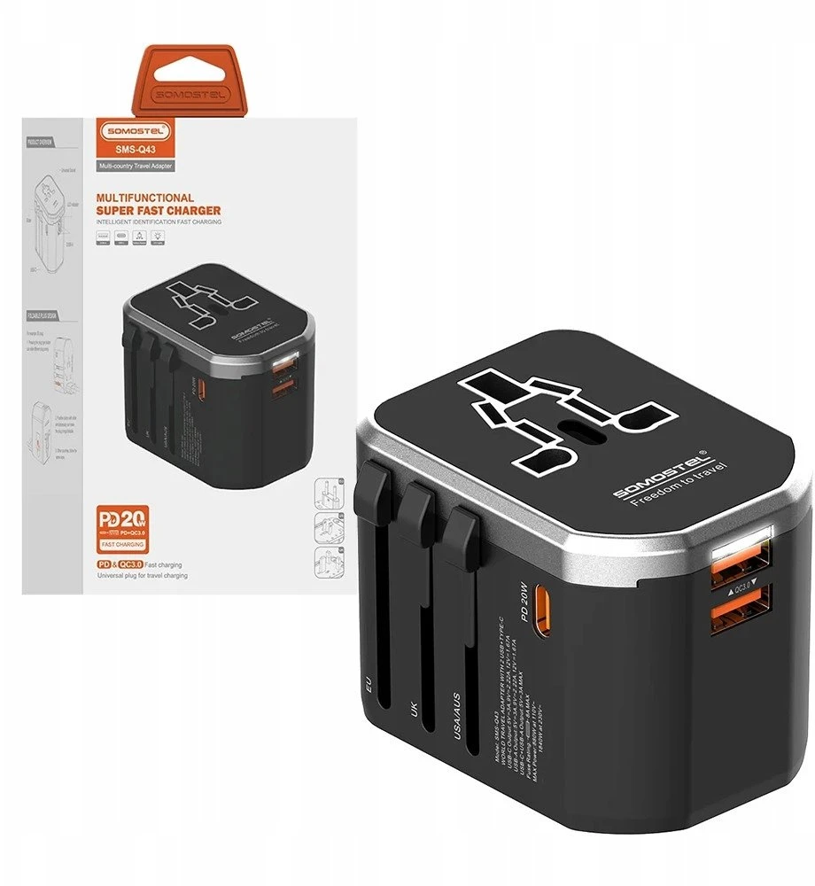 Įkroviklis Somostel Somostel maitinimo adapteris visam pasauliui 2x USB / Type-C 20W QC PD juodas SMS-Q43 (35522)