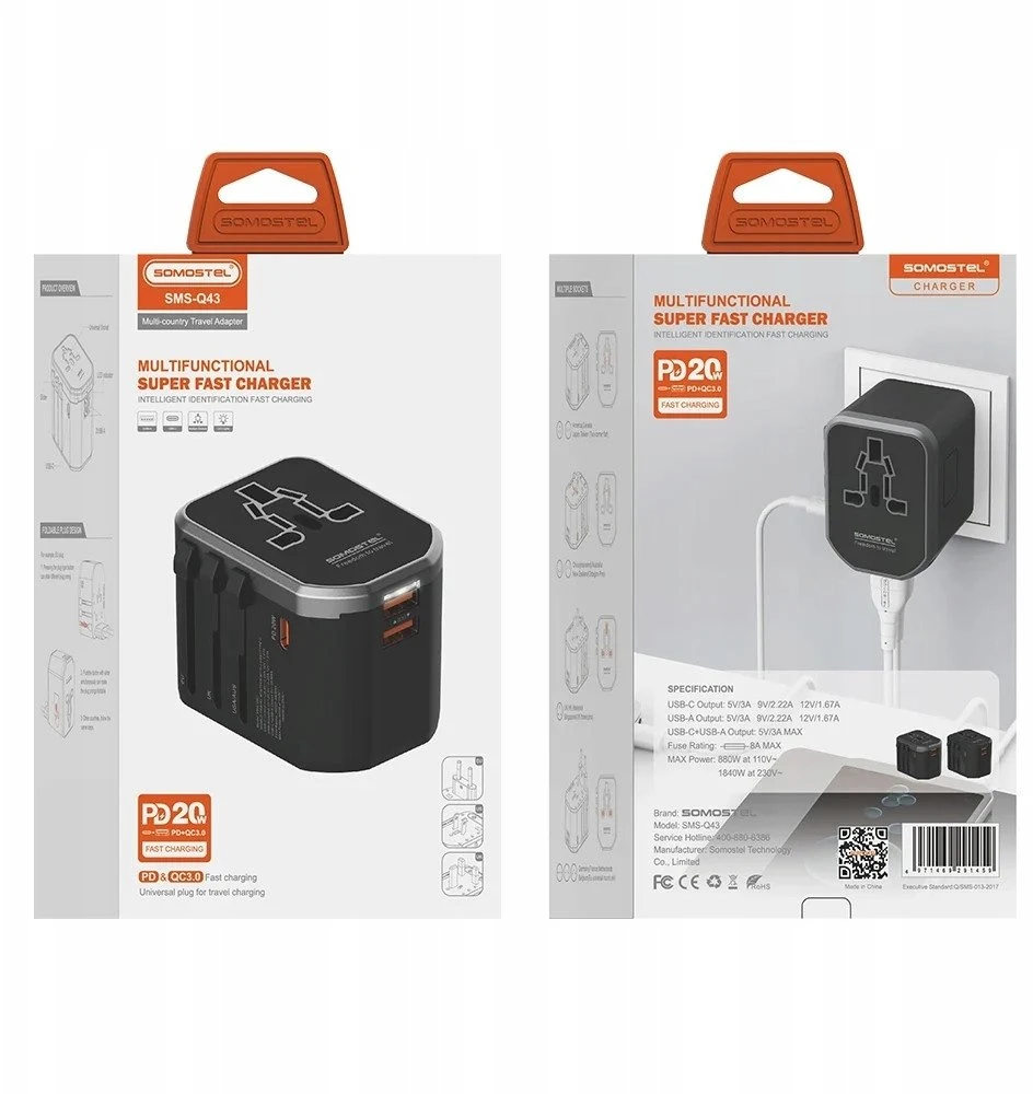 Įkroviklis Somostel Somostel maitinimo adapteris visam pasauliui 2x USB / Type-C 20W QC PD juodas SMS-Q43 (35522)