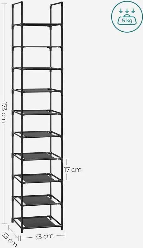 SONGMICS batų lentyna su 10 lentynų, 33 x 33 x 173 cm, juoda LSR110B02