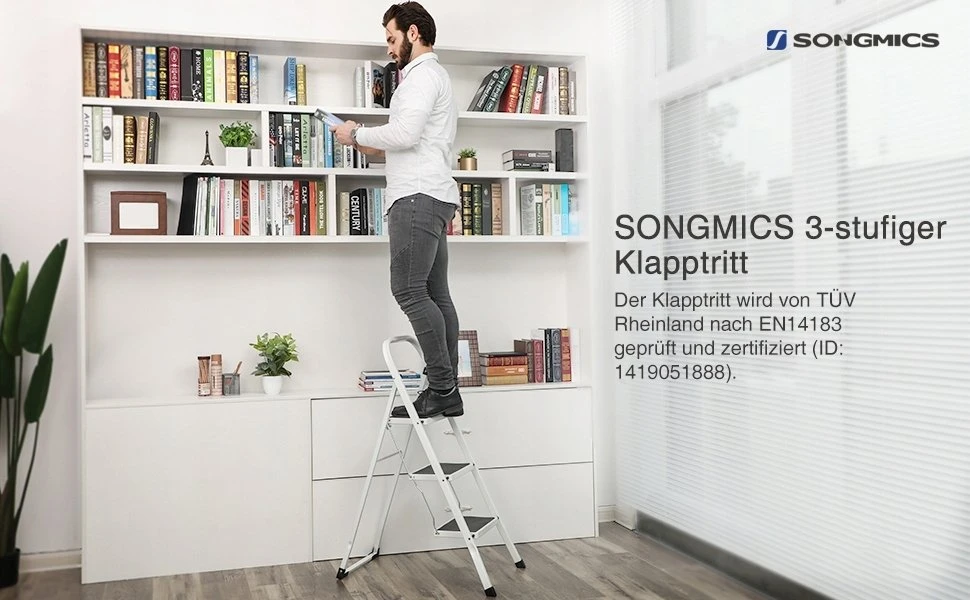 Songmics Namų ūkio kopėčios 3 pakopos Baltos spalvos