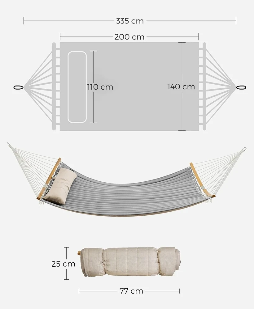 SONGMICS dvivietis hamakas su paminkštinta Oxford medžiaga, bambuko lazdomis ir pagalvėmis, 200 x 140 cm, pilkai smėlinis GDC34CG