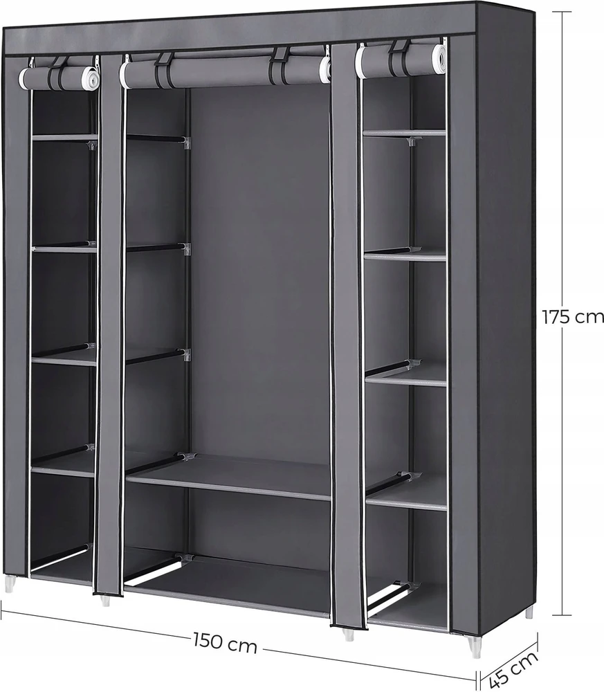 SONGMICS drabužių spinta su 12 lentynų ir kabykla, 150 × 45 × 175 cm, pilka, LSF03G
