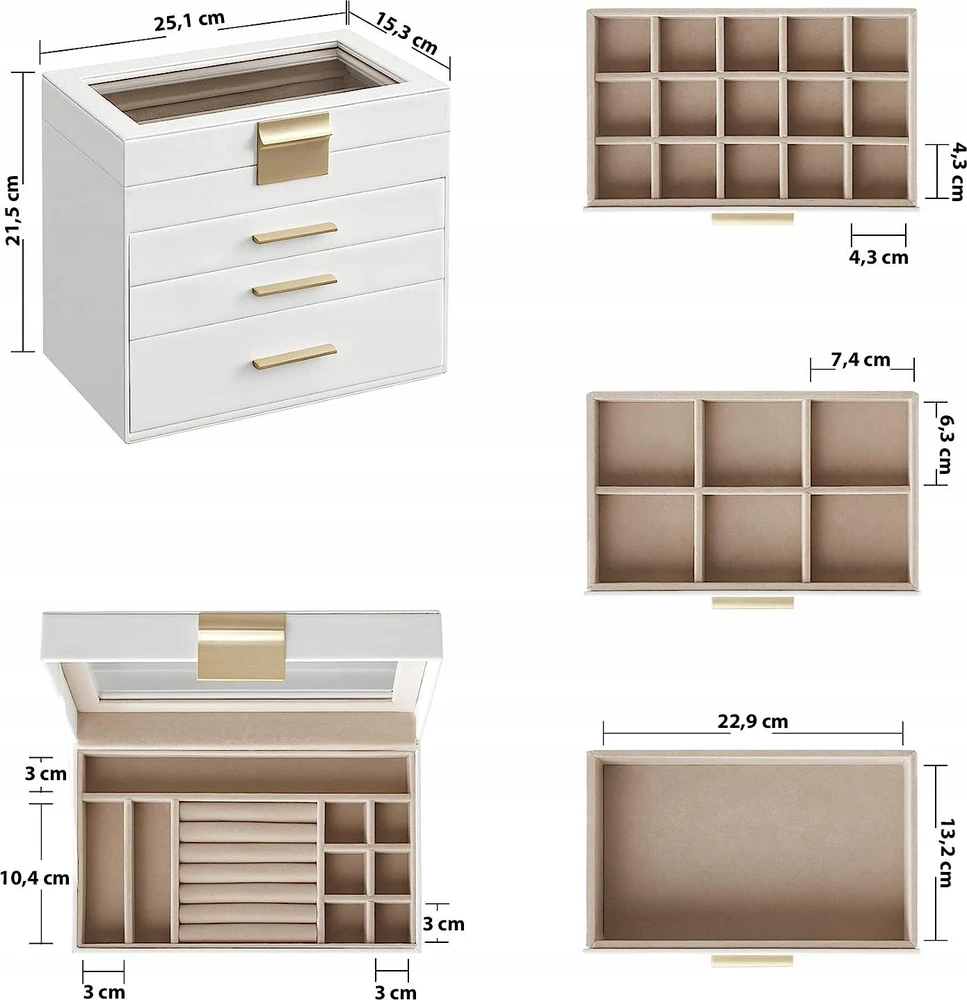 SONGMICS papuošalų dėžutė su 4 lygiais, stiklinis dangtis, 3 stalčiai, matinė balta JBC161W01