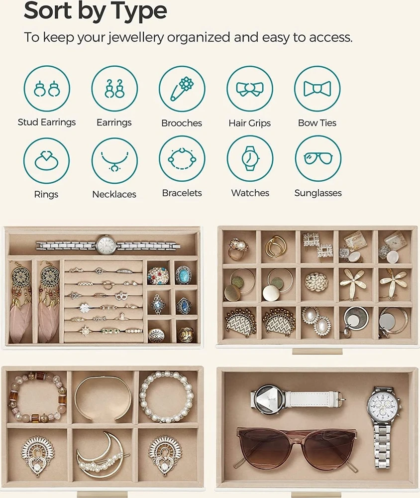 SONGMICS papuošalų dėžutė su 4 lygiais, stiklinis dangtis, 3 stalčiai, matinė balta JBC161W01