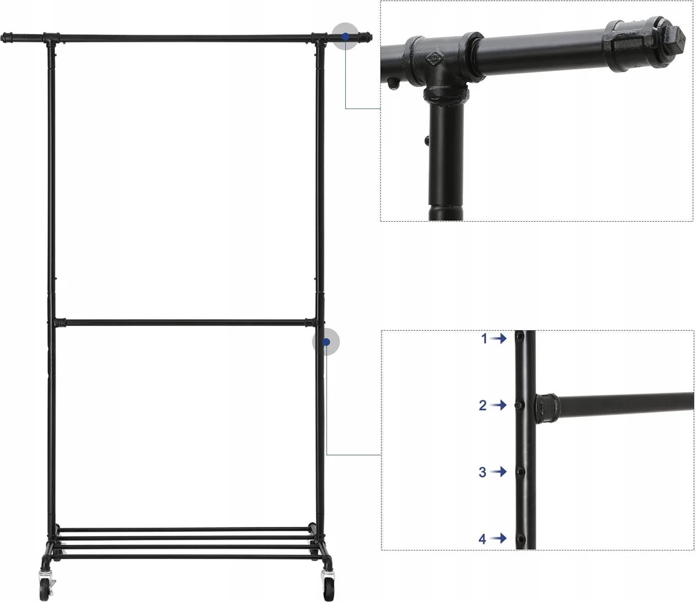 SONGMICS metalinis drabužių stovas su dviem reguliuojamais strypais, iki 110 kg, juodas, HSR62BK