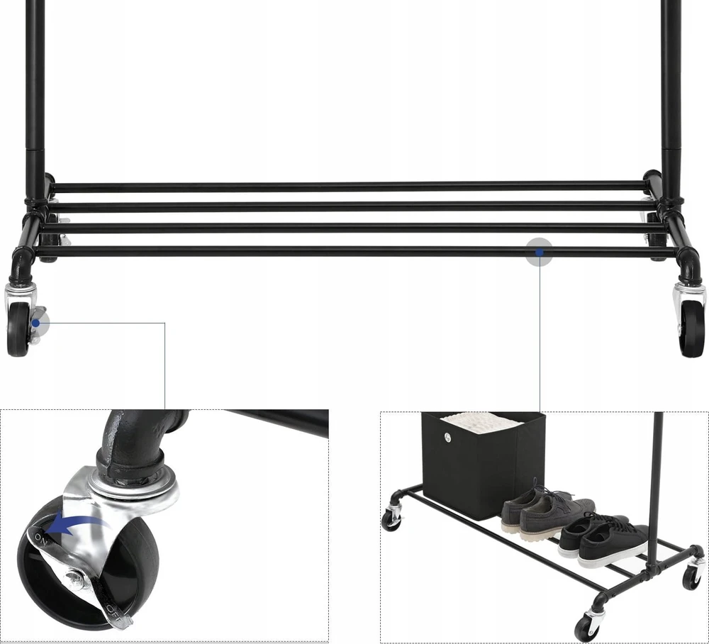 SONGMICS metalinis drabužių stovas su dviem reguliuojamais strypais, iki 110 kg, juodas, HSR62BK