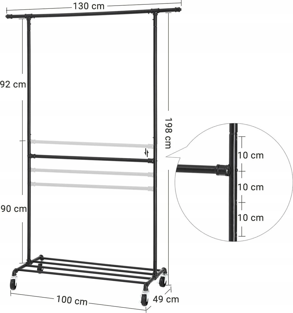 SONGMICS metalinis drabužių stovas su dviem reguliuojamais strypais, iki 110 kg, juodas, HSR62BK