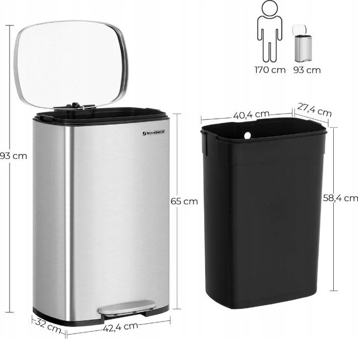 SONGMICS virtuvinis šiukšlių konteineris, 50 l, pedalas, švelnus uždarymas, plienas, LTB050E01