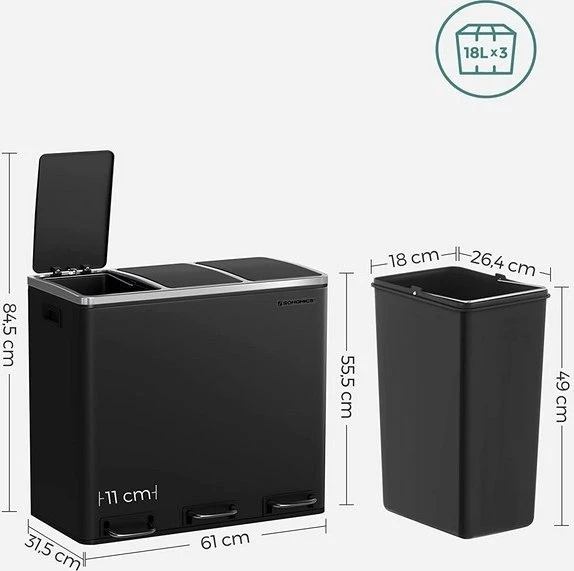 SONGMICS virtuvinė šiukšliadėžė su pedalu, 3 x 18 l, 54 l, juoda, B083LDWM93