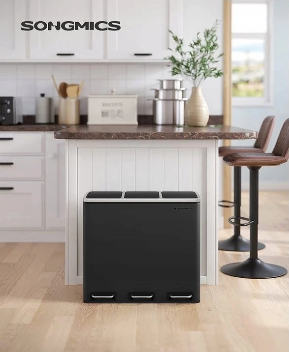 SONGMICS virtuvinė šiukšliadėžė su pedalu, 3 x 18 l, 54 l, juoda, B083LDWM93