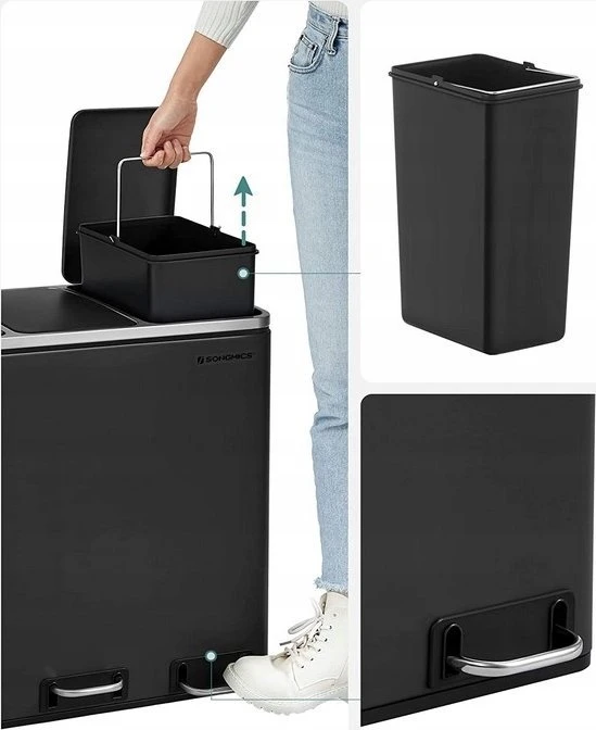 SONGMICS virtuvinė šiukšliadėžė su pedalu, 3 x 18 l, 54 l, juoda, B083LDWM93