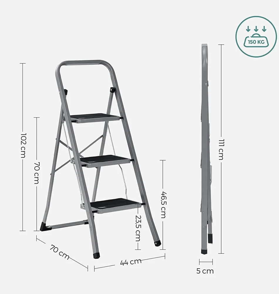 SONGMICS sulankstomos plieninės 3 pakopų kopėčios su rankena, 150 kg, GSL003GY01