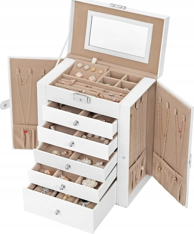 SONGMICS papuošalų dėžutė, 6 aukštų, su šoninėmis durelėmis, stalčiais, veidrodžiu ir užraktu, balta JBC152W01