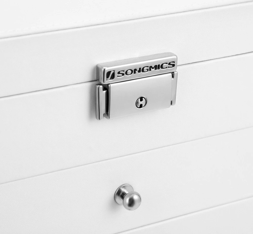 SONGMICS papuošalų dėžutė, 6 aukštų, su šoninėmis durelėmis, stalčiais, veidrodžiu ir užraktu, balta JBC152W01