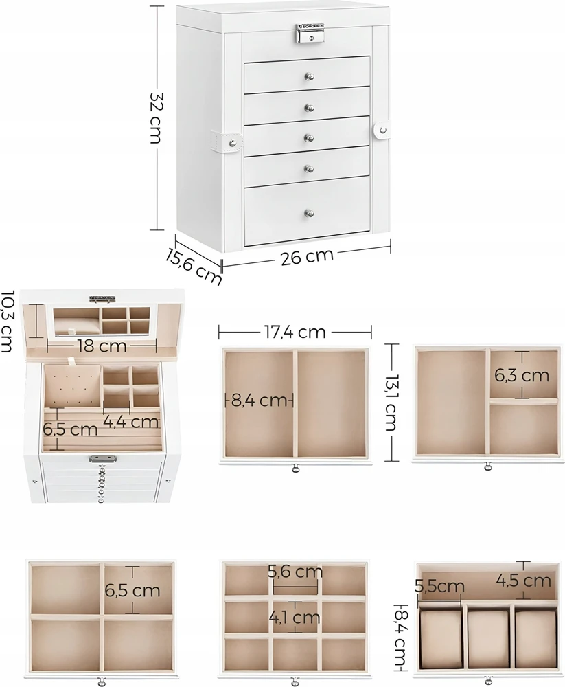 SONGMICS papuošalų dėžutė, 6 aukštų, su šoninėmis durelėmis, stalčiais, veidrodžiu ir užraktu, balta JBC152W01
